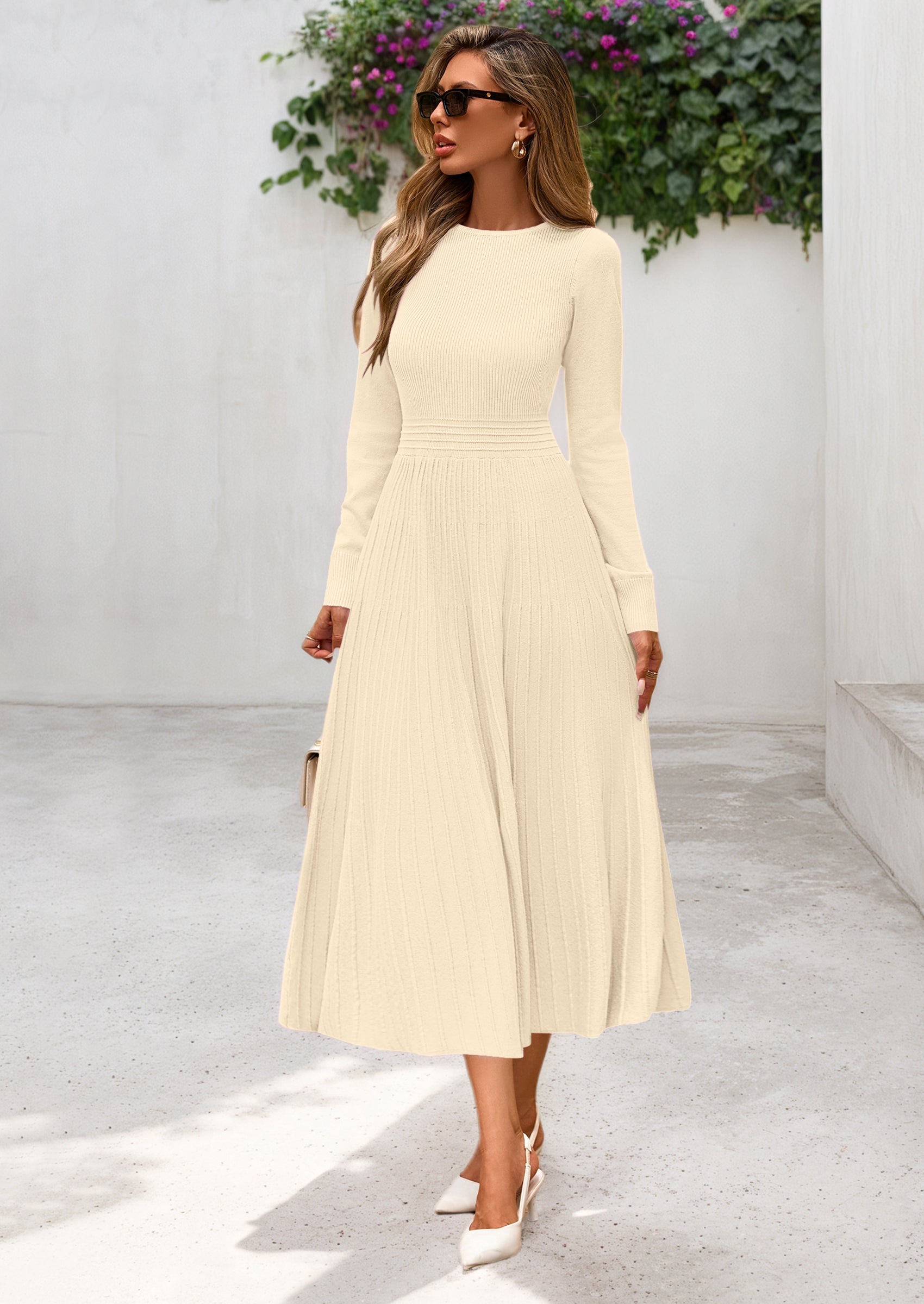 PRETTYGARDEN Women's Long Sleeve Midi Sweater Dress Fall Crewneck Knit A Line Pleated Wedding Guest Winter Dresses