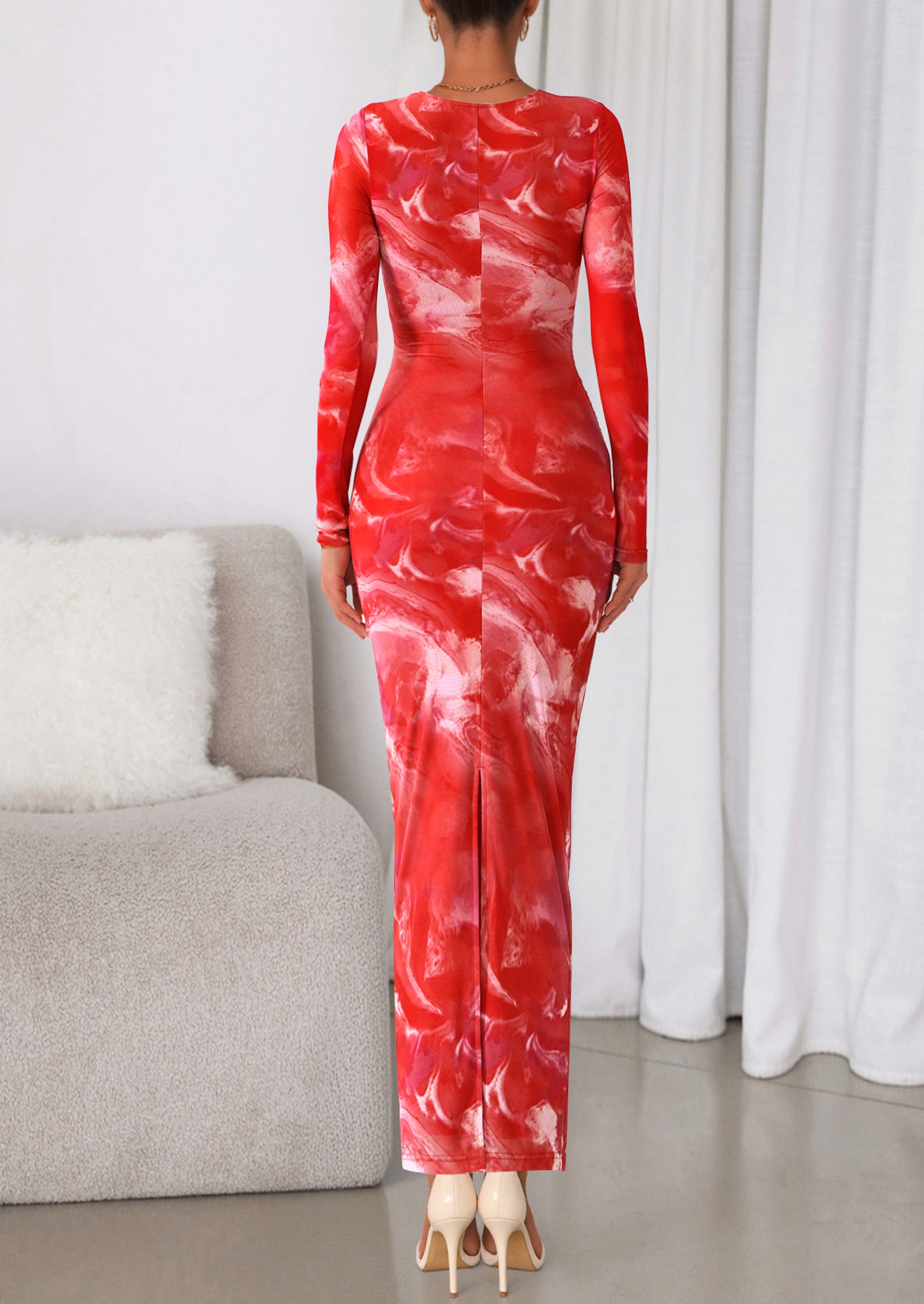 PRETTYGARDEN Women's Fall Wedding Guest Dresses Long Sleeve Fitted Ruched Slit Bodycon Mesh Floral Party Maxi Dress