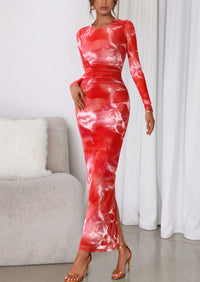 PRETTYGARDEN Women's Fall Wedding Guest Dresses Long Sleeve Fitted Ruched Slit Bodycon Mesh Floral Party Maxi Dress