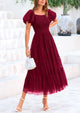 Women's Smocked Midi Tulle Dress 2025 Summer Puffy Short Sleeve Square Neck Ruffle Wedding Guest Party Dresses