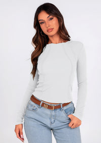 KIRUNDO Ribbed Long Sleeve Tops for Women Stretch Slim Basic Crop Tee Exposed Seams Spring Fall Fashion Trendy Tshirt