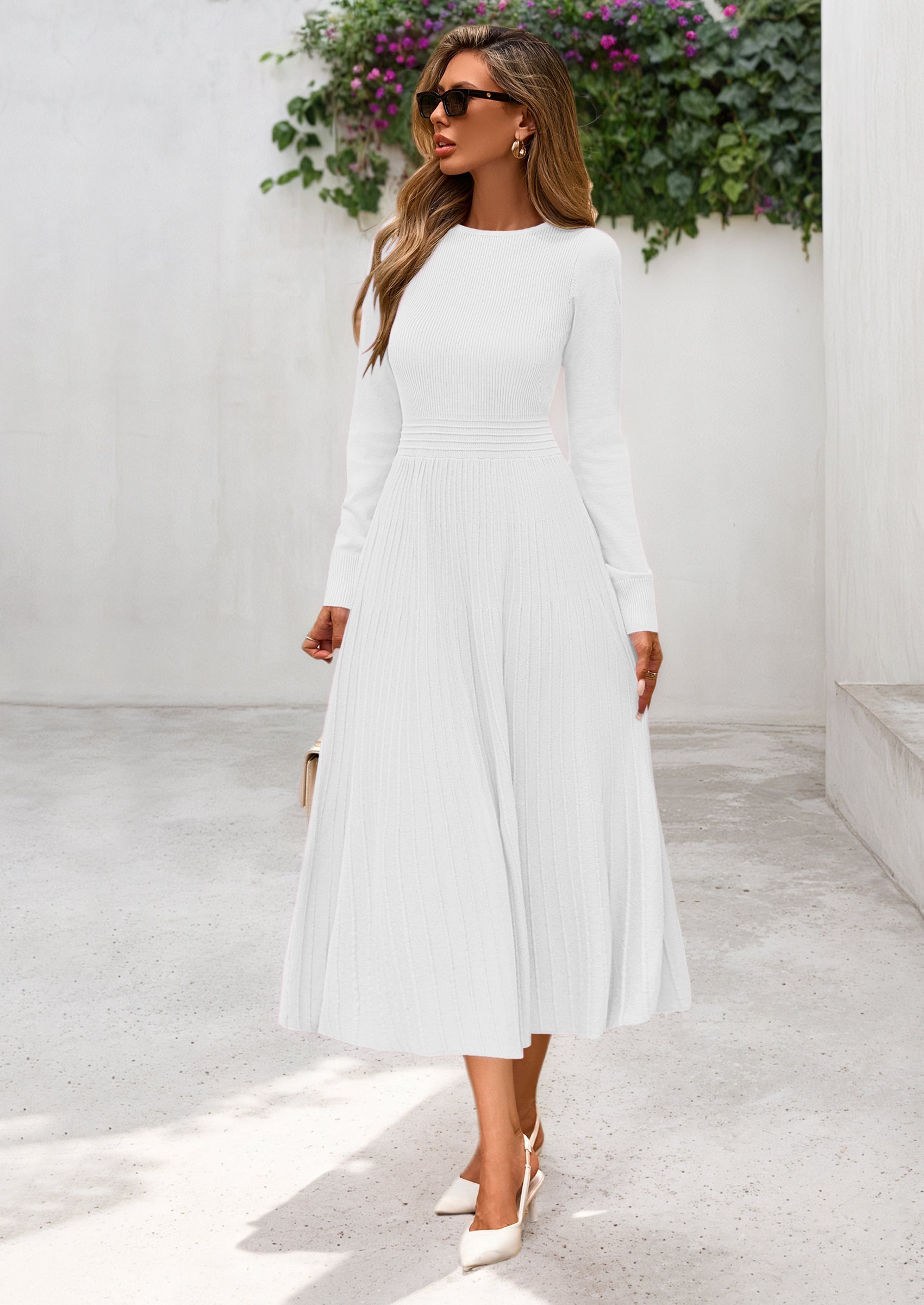 PRETTYGARDEN Women's Long Sleeve Midi Sweater Dress Fall Crewneck Knit A Line Pleated Wedding Guest Winter Dresses