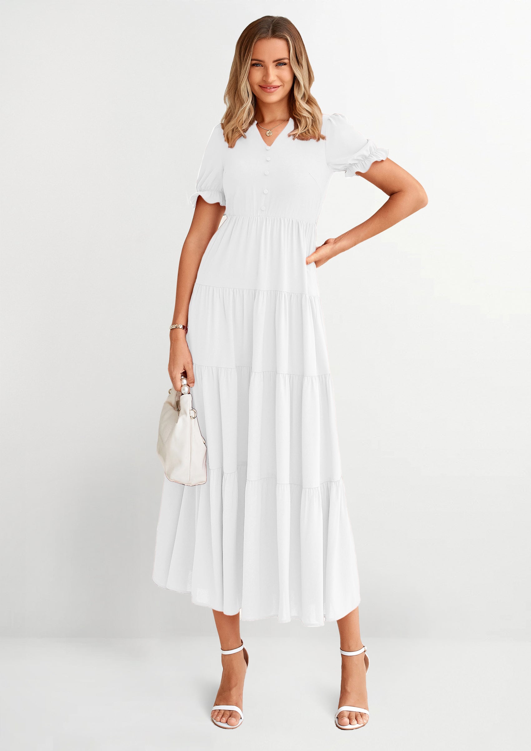 PRETTYGARDEN Women's Casual Short Sleeve V Neck Midi Dresses Spring A-line Tiered Wedding Guest Dress