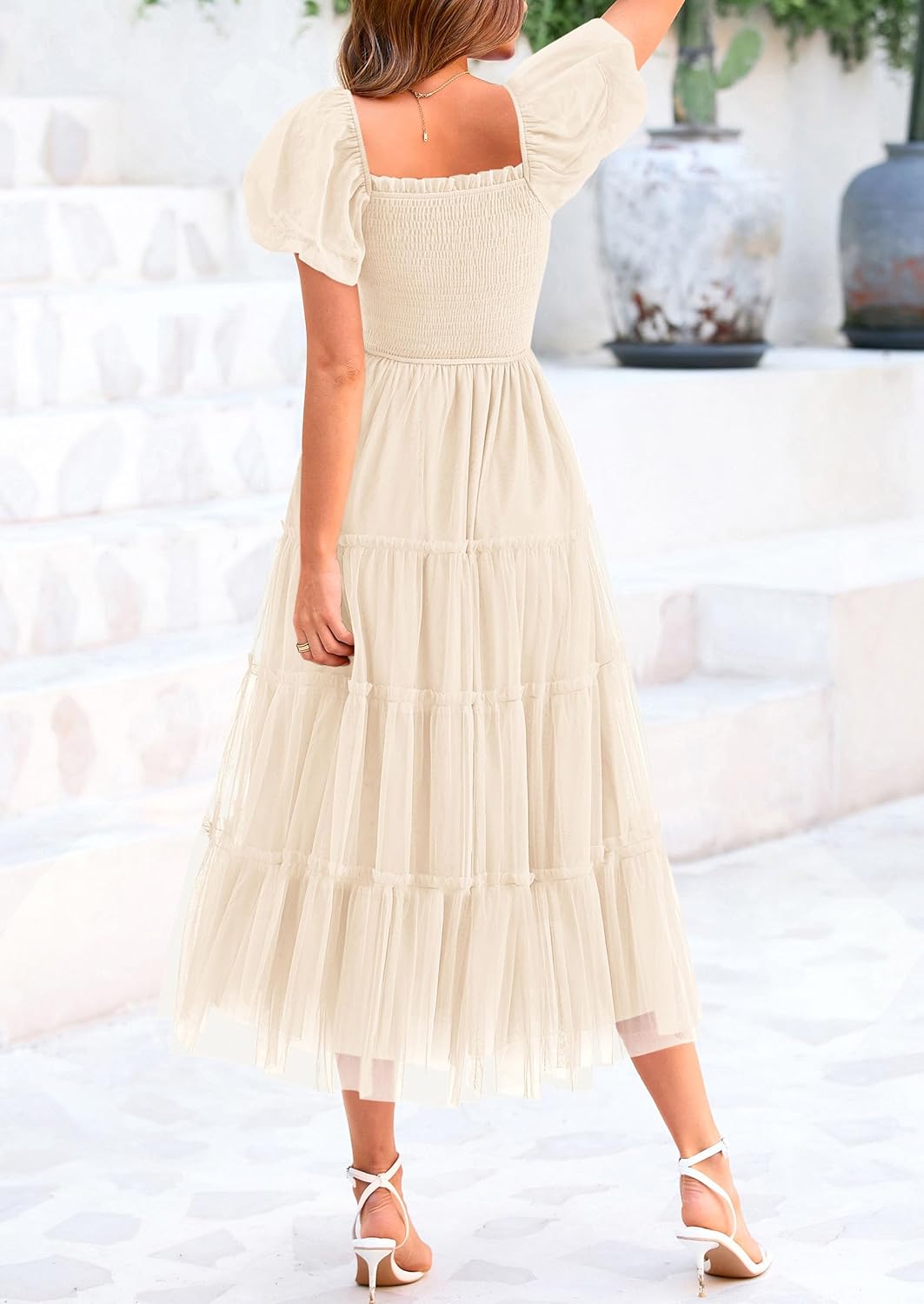 Women's Smocked Midi Tulle Dress 2025 Summer Puffy Short Sleeve Square Neck Ruffle Wedding Guest Party Dresses