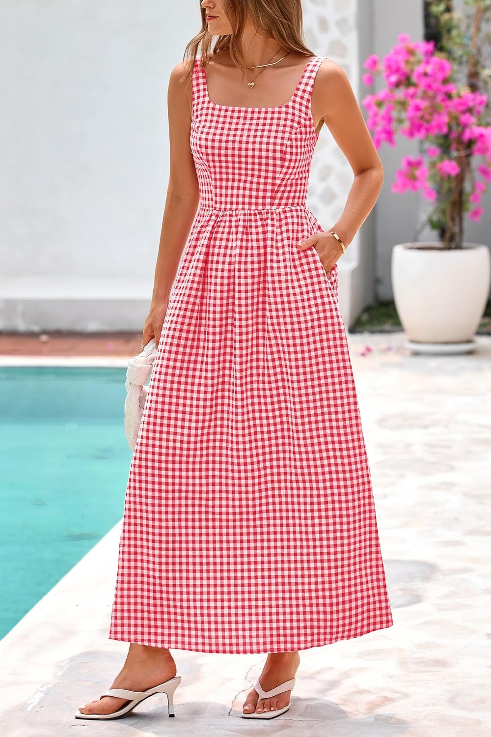 Women's Summer Spaghetti Strap Maxi Dresses Plaid Square Neck A Line Smocked Casual Vacation Long Sundress