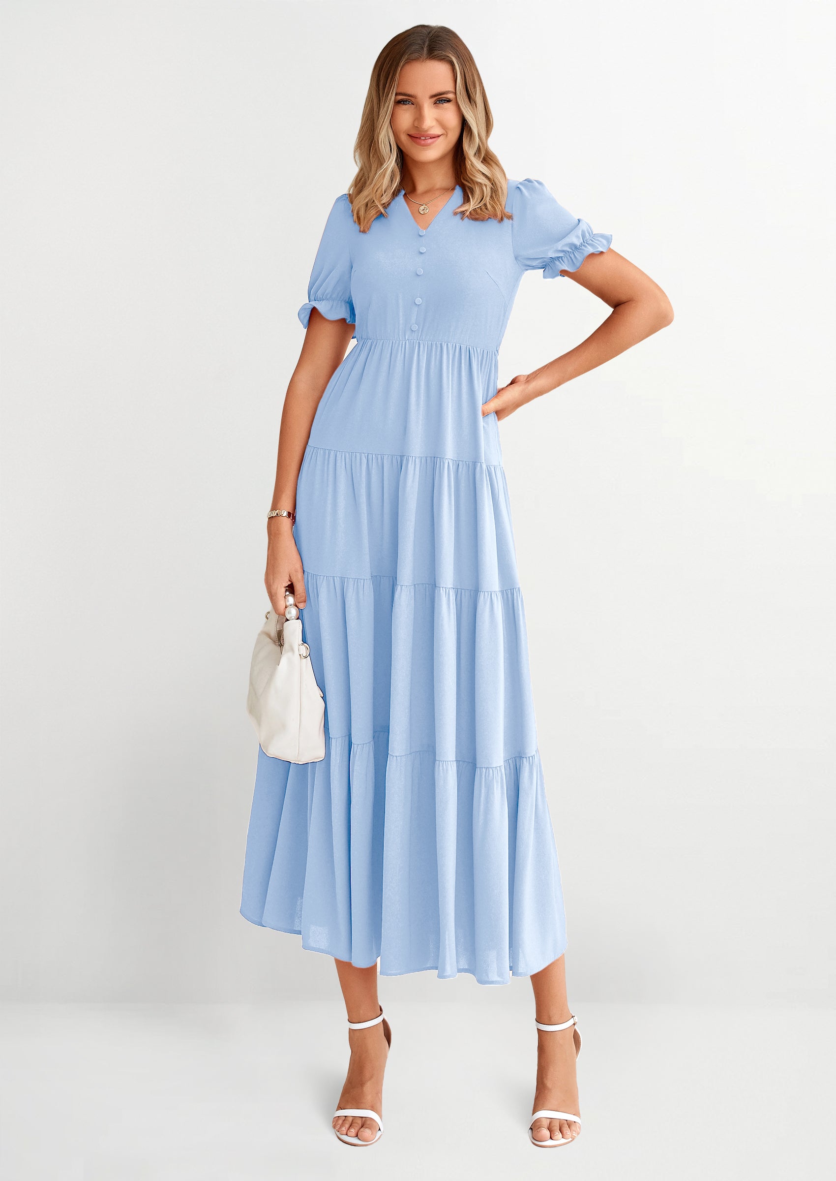 PRETTYGARDEN Women's Casual Short Sleeve V Neck Midi Dresses Spring A-line Tiered Wedding Guest Dress