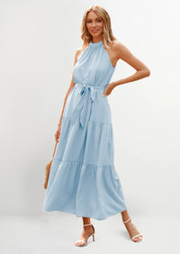 PRETTYGARDEN Women's Summer Floral Maxi Sun Dress Sleeveless Halter Neck Flowy Ruffle Hem Long Boho Dresses with Belt