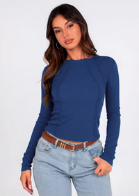 KIRUNDO Ribbed Long Sleeve Tops for Women Stretch Slim Basic Crop Tee Exposed Seams Spring Fall Fashion Trendy Tshirt