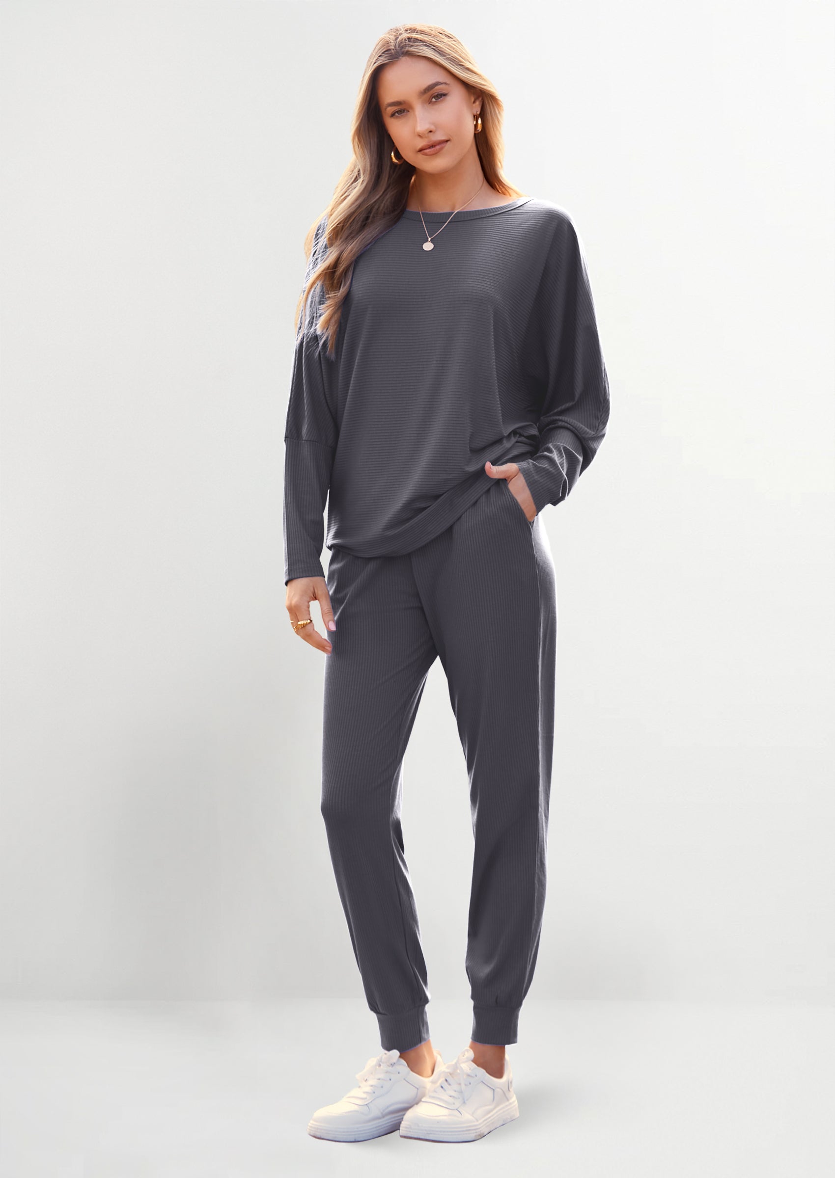 PRETTYGARDEN Women's Fall 2 Piece Lounge Set Long Sleeve Tops Ribbed Pants Spring Matching Sweatsuit Travel Outfits Clothes