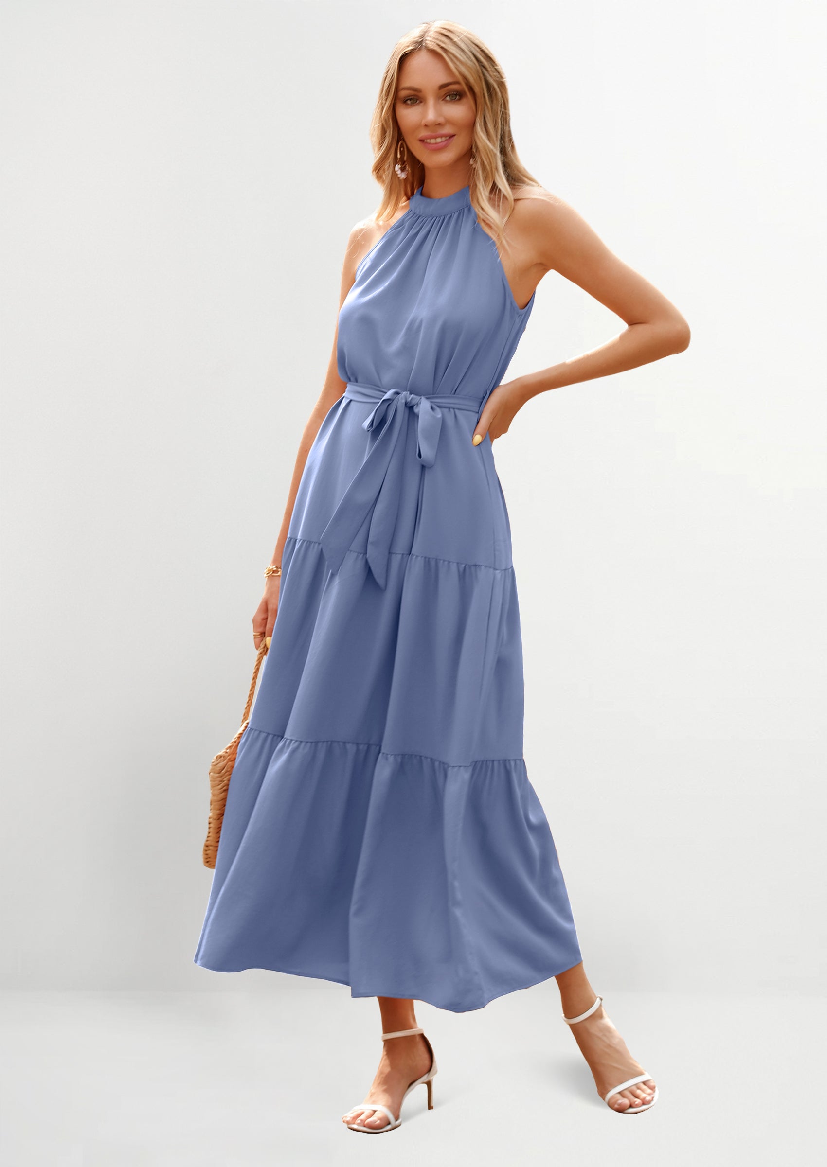 PRETTYGARDEN Women's Summer Floral Maxi Sun Dress Sleeveless Halter Neck Flowy Ruffle Hem Long Boho Dresses with Belt