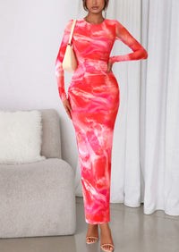 PRETTYGARDEN Women's Fall Wedding Guest Dresses Long Sleeve Fitted Ruched Slit Bodycon Mesh Floral Party Maxi Dress