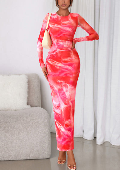 PRETTYGARDEN Women's Fall Wedding Guest Dresses Long Sleeve Fitted Ruched Slit Bodycon Mesh Floral Party Maxi Dress