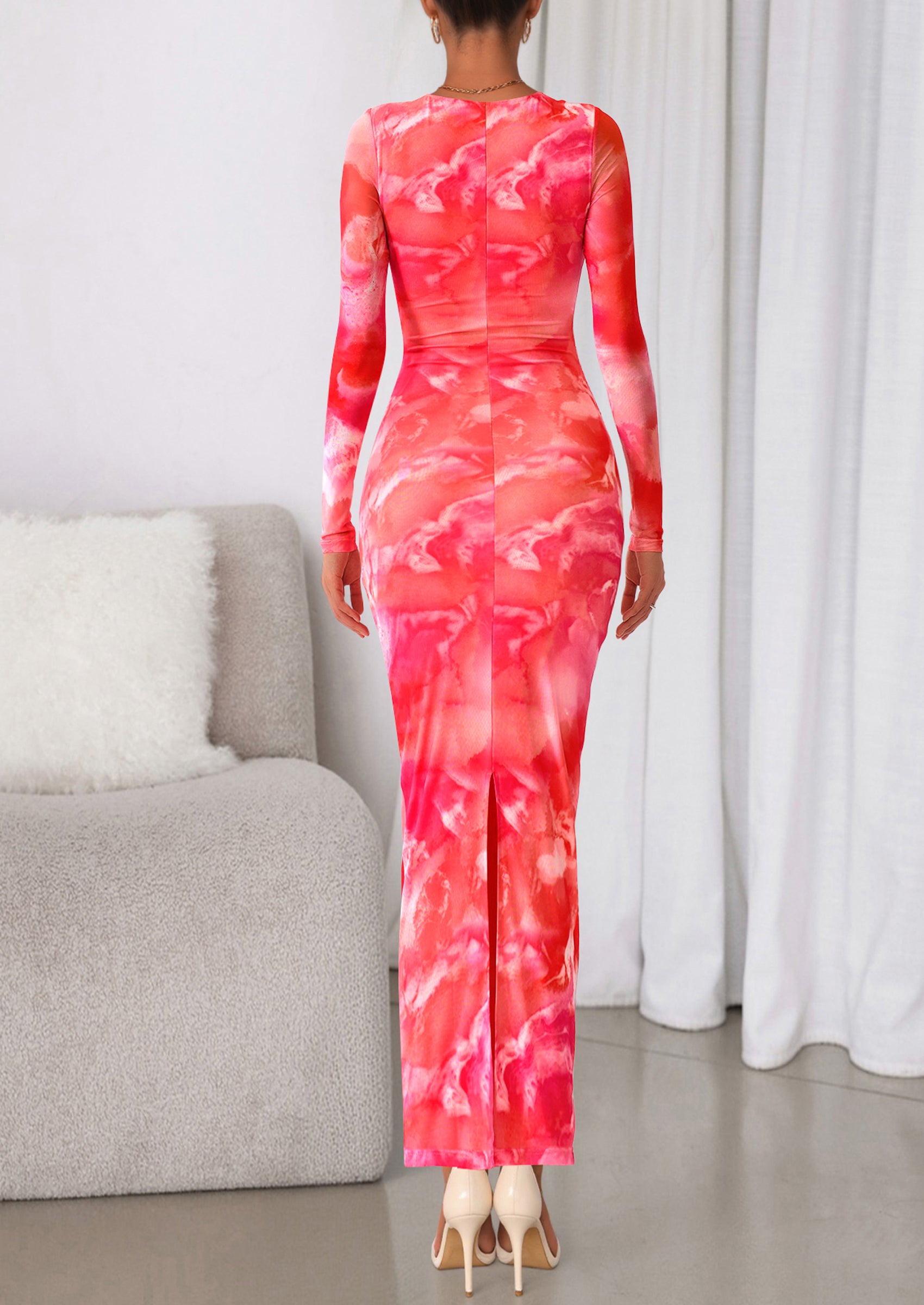 PRETTYGARDEN Women's Fall Wedding Guest Dresses Long Sleeve Fitted Ruched Slit Bodycon Mesh Floral Party Maxi Dress