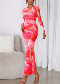 PRETTYGARDEN Women's Fall Wedding Guest Dresses Long Sleeve Fitted Ruched Slit Bodycon Mesh Floral Party Maxi Dress