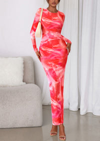 PRETTYGARDEN Women's Fall Wedding Guest Dresses Long Sleeve Fitted Ruched Slit Bodycon Mesh Floral Party Maxi Dress