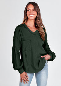 BTFBM Women's Ribbed Long Sleeve Tops Summer Spring Pullover Knit Casual V Neck Blouses Trendy Loose Fit Tunic Top