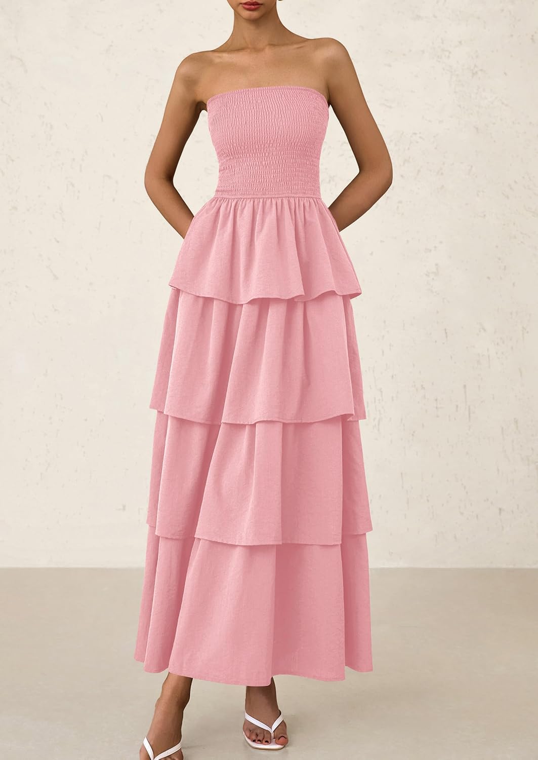 PRETTYGARDEN Maxi Dresses for Women Off Shoulder Smocked Tiered Ruffle Long Flowy Wedding Guest Dress