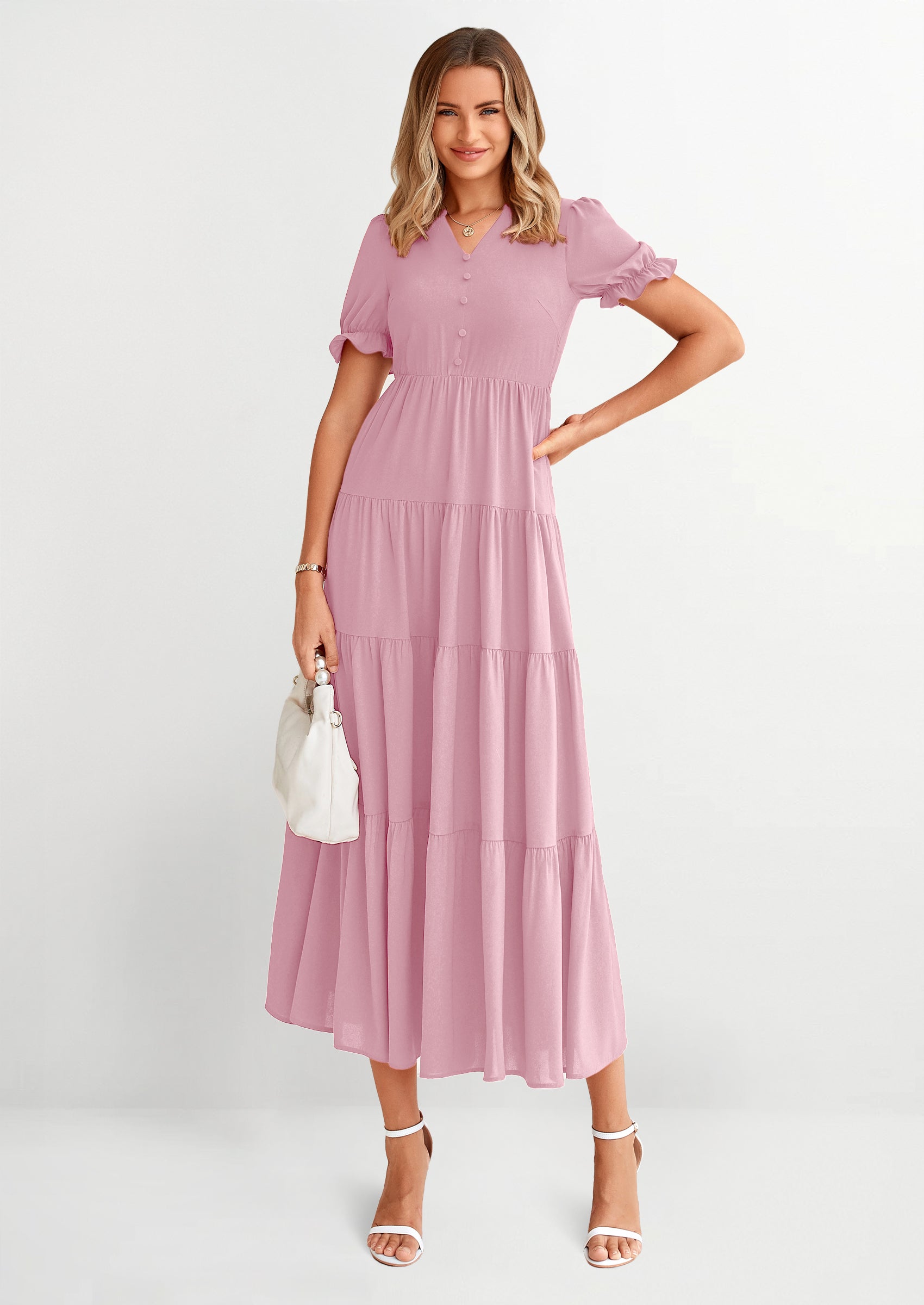 PRETTYGARDEN Women's Casual Short Sleeve V Neck Midi Dresses Spring A-line Tiered Wedding Guest Dress