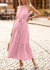 PRETTYGARDEN Women's Summer Floral Maxi Sun Dress Sleeveless Halter Neck Flowy Ruffle Hem Long Boho Dresses with Belt