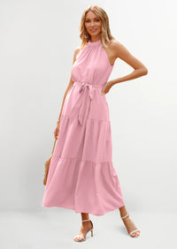 PRETTYGARDEN Women's Summer Floral Maxi Sun Dress Sleeveless Halter Neck Flowy Ruffle Hem Long Boho Dresses with Belt