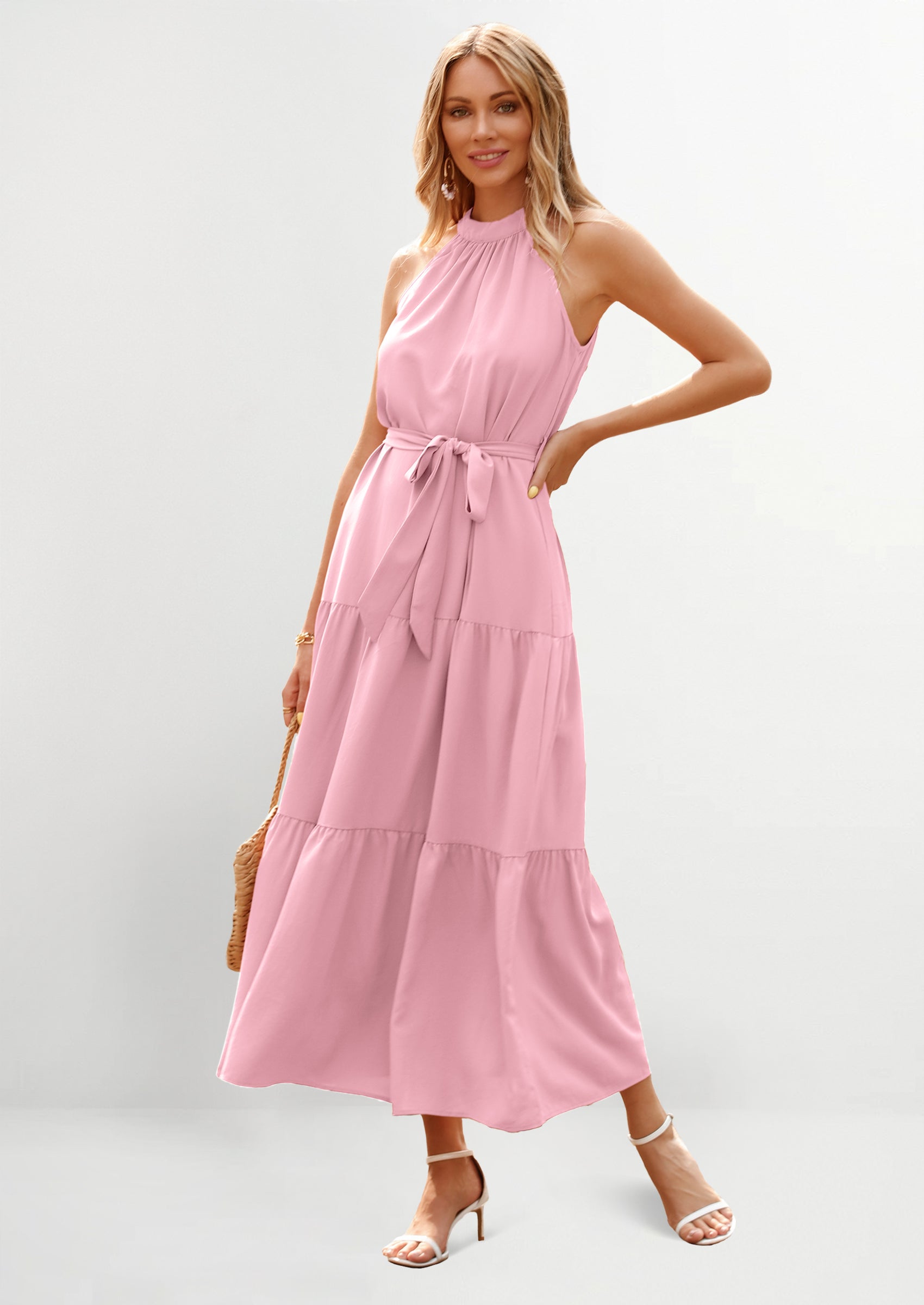 PRETTYGARDEN Women's Summer Floral Maxi Sun Dress Sleeveless Halter Neck Flowy Ruffle Hem Long Boho Dresses with Belt