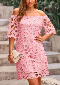 PRETTYGARDEN Women's Summer Off Shoulder Dresses Floral Lace Flare Short Sleeve Spring Vintage Elegant Mini Dress