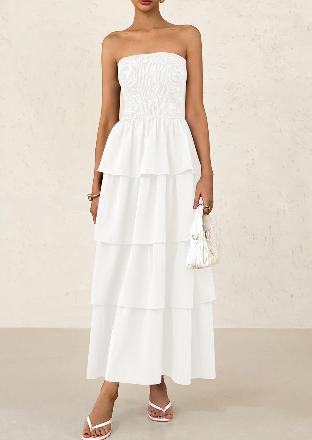 PRETTYGARDEN Maxi Dresses for Women Off Shoulder Smocked Tiered Ruffle Long Flowy Wedding Guest Dress