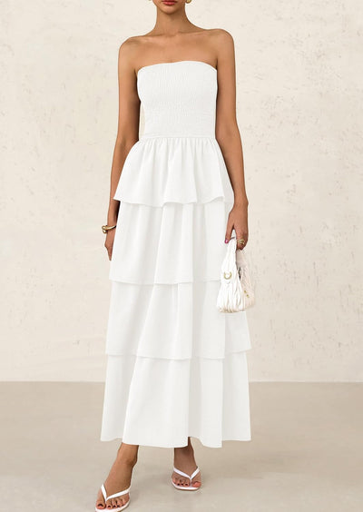 PRETTYGARDEN Maxi Dresses for Women Off Shoulder Smocked Tiered Ruffle Long Flowy Wedding Guest Dress