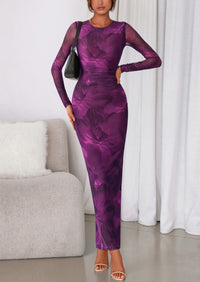 PRETTYGARDEN Women's Fall Wedding Guest Dresses Long Sleeve Fitted Ruched Slit Bodycon Mesh Floral Party Maxi Dress