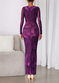 PRETTYGARDEN Women's Fall Wedding Guest Dresses Long Sleeve Fitted Ruched Slit Bodycon Mesh Floral Party Maxi Dress