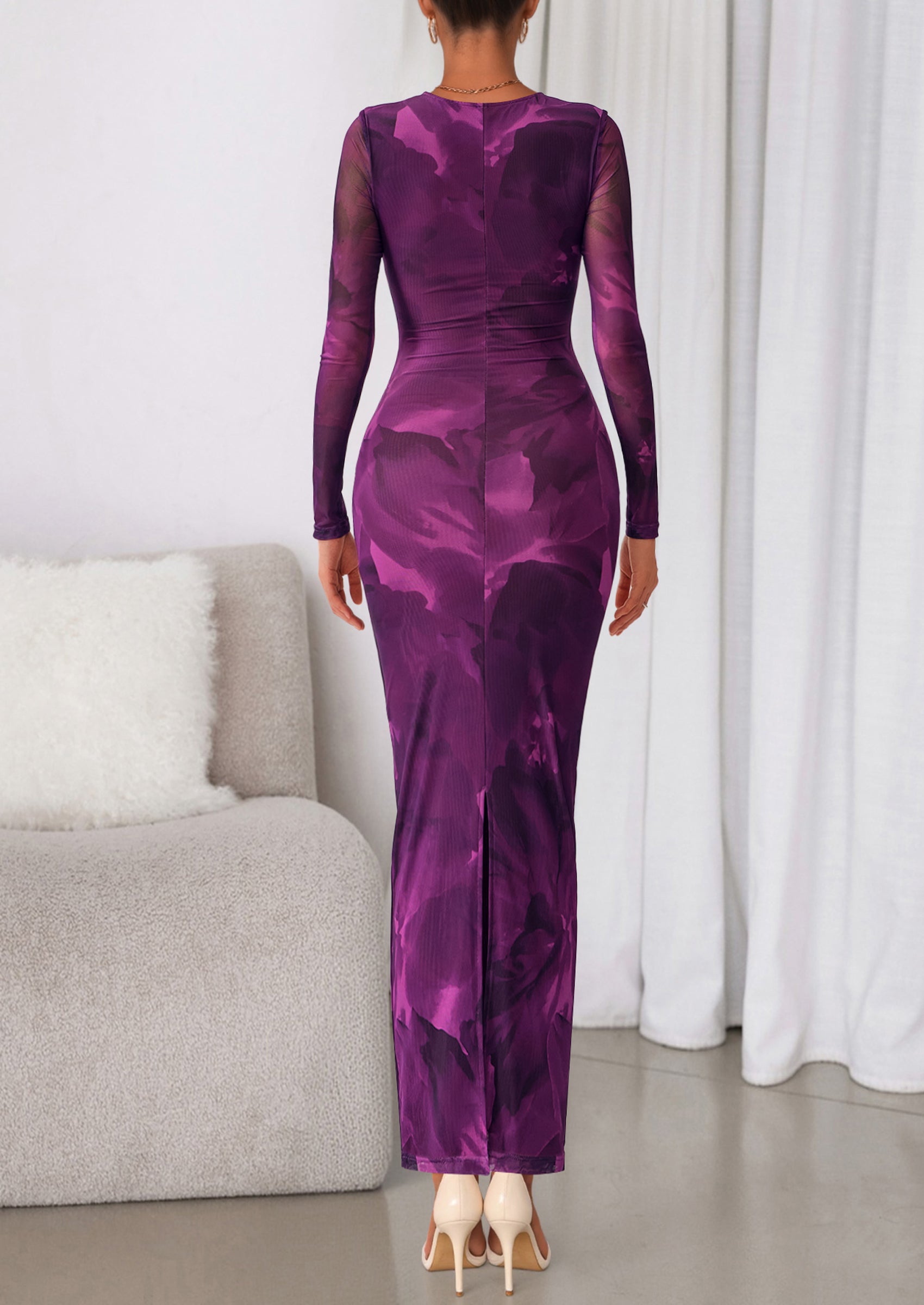 PRETTYGARDEN Women's Fall Wedding Guest Dresses Long Sleeve Fitted Ruched Slit Bodycon Mesh Floral Party Maxi Dress