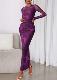 PRETTYGARDEN Women's Fall Wedding Guest Dresses Long Sleeve Fitted Ruched Slit Bodycon Mesh Floral Party Maxi Dress