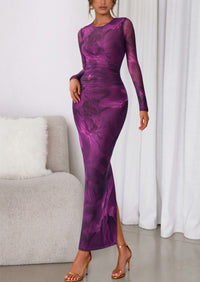 PRETTYGARDEN Women's Fall Wedding Guest Dresses Long Sleeve Fitted Ruched Slit Bodycon Mesh Floral Party Maxi Dress