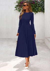 PRETTYGARDEN Women's Long Sleeve Midi Sweater Dress Fall Crewneck Knit A Line Pleated Wedding Guest Winter Dresses