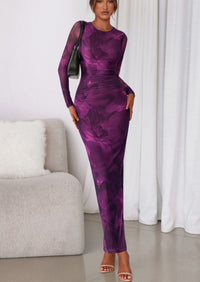 PRETTYGARDEN Women's Fall Wedding Guest Dresses Long Sleeve Fitted Ruched Slit Bodycon Mesh Floral Party Maxi Dress