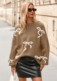 PRETTYGARDEN Fall Long Sleeve Pullover Sweaters for Women Trendy Crewneck Casual Cute Bow Chunky Knit Oversized Sweater
