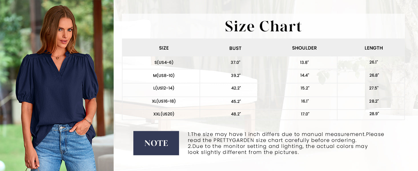 PRETTYGARDEN Womens Casual Summer Tops V Neck Short Puff Sleeve Pleated Cotton T Shirts Loose Dressy Blouses