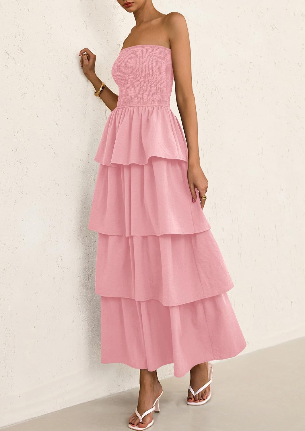 PRETTYGARDEN Maxi Dresses for Women Off Shoulder Smocked Tiered Ruffle Long Flowy Wedding Guest Dress