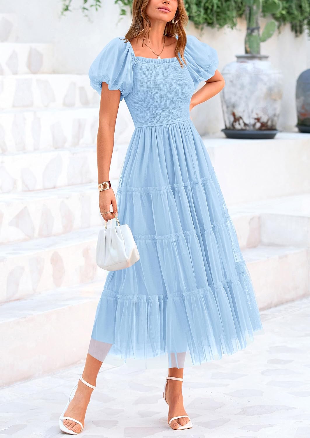 Women's Smocked Midi Tulle Dress 2025 Summer Puffy Short Sleeve Square Neck Ruffle Wedding Guest Party Dresses