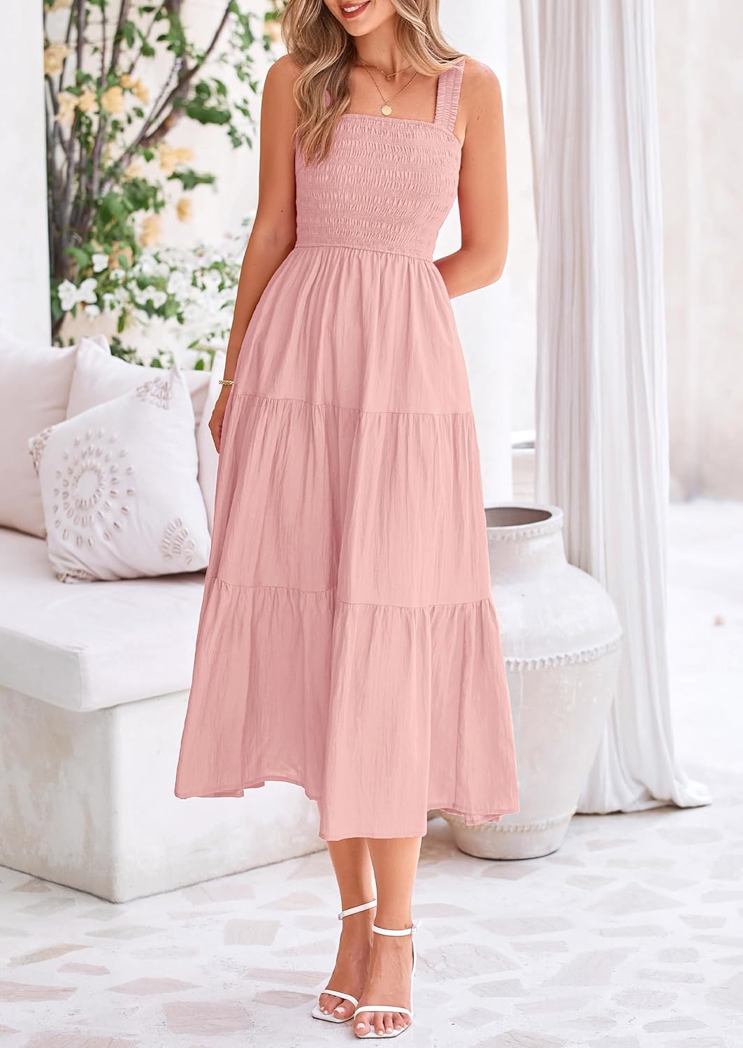 Womens Smocked Summer  Ruffle A Line Long Flowy Dresses Cute Sleeveless Beach Sundress Midi Dress