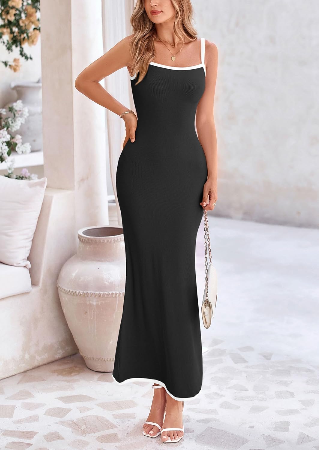 Women's Bodycon Spaghetti Strap Maxi Dresses 2025 Summer Resort Wear Sleeveless Long Beach Dress