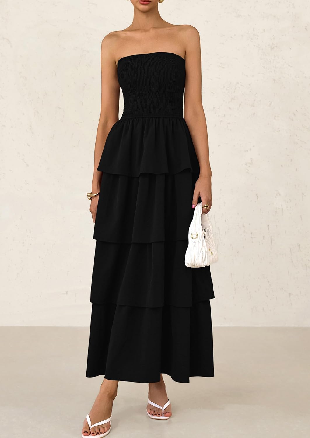 PRETTYGARDEN Maxi Dresses for Women Off Shoulder Smocked Tiered Ruffle Long Flowy Wedding Guest Dress