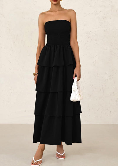 PRETTYGARDEN Maxi Dresses for Women Off Shoulder Smocked Tiered Ruffle Long Flowy Wedding Guest Dress