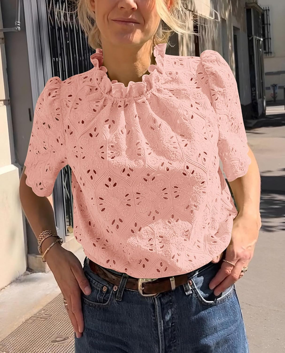 Women Trendy Short Sleeve Eyelet Embroidered Dressy Casual Blouse