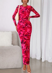 PRETTYGARDEN Women's Fall Wedding Guest Dresses Long Sleeve Fitted Ruched Slit Bodycon Mesh Floral Party Maxi Dress