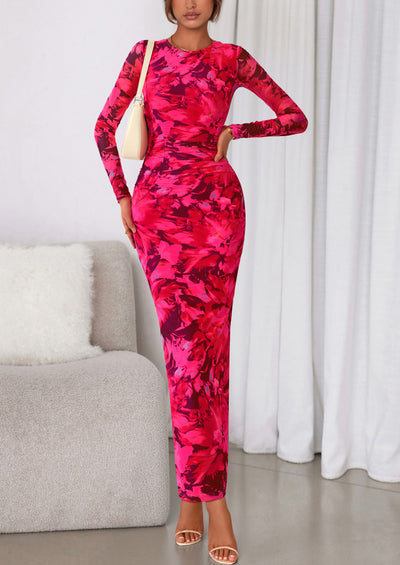 PRETTYGARDEN Women's Fall Wedding Guest Dresses Long Sleeve Fitted Ruched Slit Bodycon Mesh Floral Party Maxi Dress