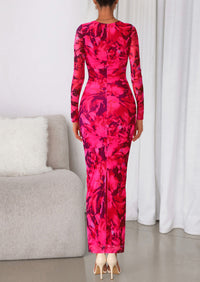 PRETTYGARDEN Women's Fall Wedding Guest Dresses Long Sleeve Fitted Ruched Slit Bodycon Mesh Floral Party Maxi Dress