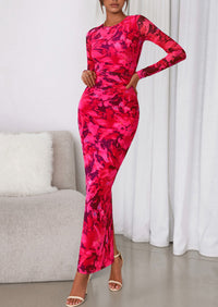 PRETTYGARDEN Women's Fall Wedding Guest Dresses Long Sleeve Fitted Ruched Slit Bodycon Mesh Floral Party Maxi Dress