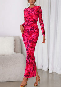 PRETTYGARDEN Women's Fall Wedding Guest Dresses Long Sleeve Fitted Ruched Slit Bodycon Mesh Floral Party Maxi Dress