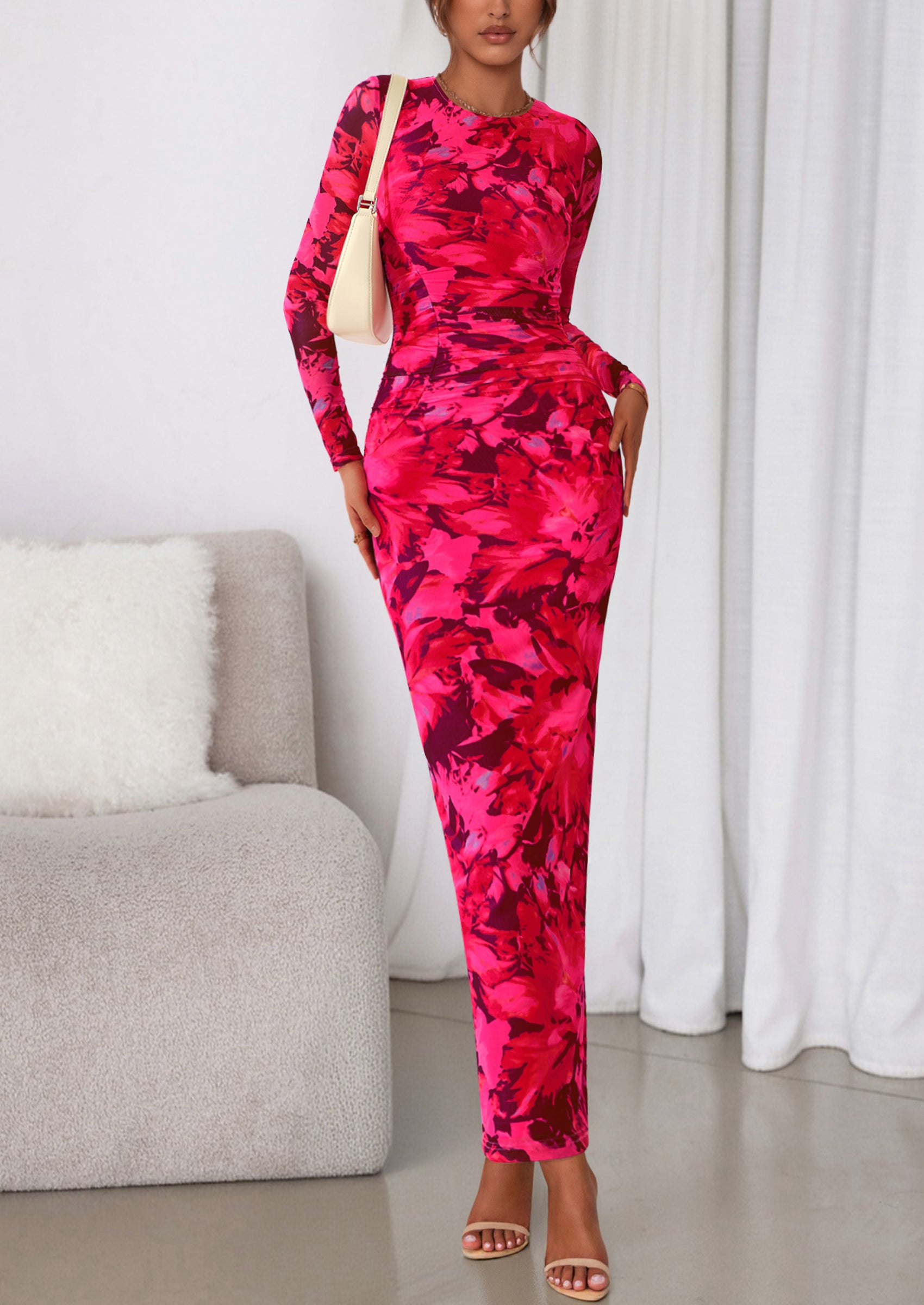 PRETTYGARDEN Women's Fall Wedding Guest Dresses Long Sleeve Fitted Ruched Slit Bodycon Mesh Floral Party Maxi Dress